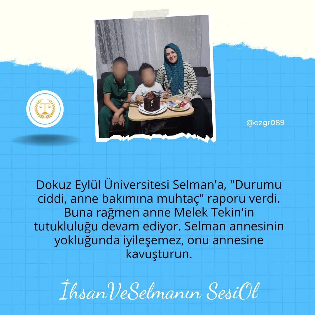 insan_sevgisii's tweet photo. Dokuz Eylül Üniversitesi Selman'a, "Durumu ciddi, anne bakımına muhtaç" raporu verdi.

Buna rağmen anne Melek Tekin'in tutukluluğu devam ediyor. Selman annesinin yokluğunda iyileşemez, onu annesine kavuşturun.

İhsanVeSelmanın SesiOl
#EminGünenç
@adalet_bakanlik https://t.co/2GKe7vJYJE