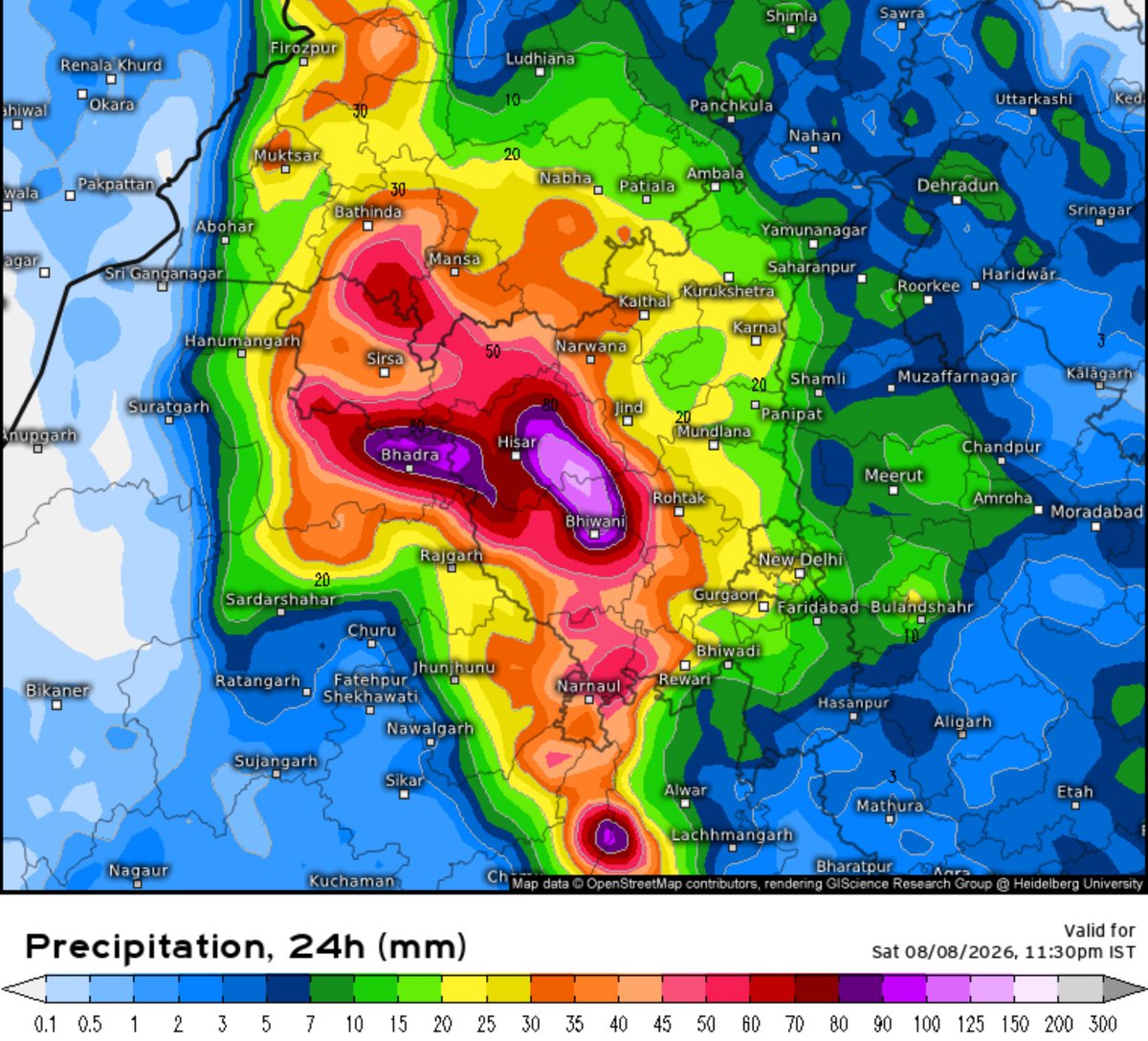 weathermanMD's tweet photo. 🔰 #DelhiRains Update for 8th August
🔴 The #monsoon low still active and likely to shift slightly in west direction on 8th August along with LPA.
🔴 As result, rainfall will decrease in #Delhi on 8th August as compare to 7th Aug.But some heavy passing showers can not be ruled out.
🔴 Now, rainfall likely to increase in west and central parts of #Haryana and adjoining South #Punjab on 8th August.
🔴 Heavy rain 🌧️🌧️ likely in west #Haryana , districts like #Bhiwani #Hisar #Narnaul and nearby place may receive heavy rain but remaining parts also may experience light to moderate rain on 8th August
🔴 Good showers also expected in #Punjab, especially in Southern parts on 8th August.
#DelhiRains #DelhiNCR
#Monsoon2026