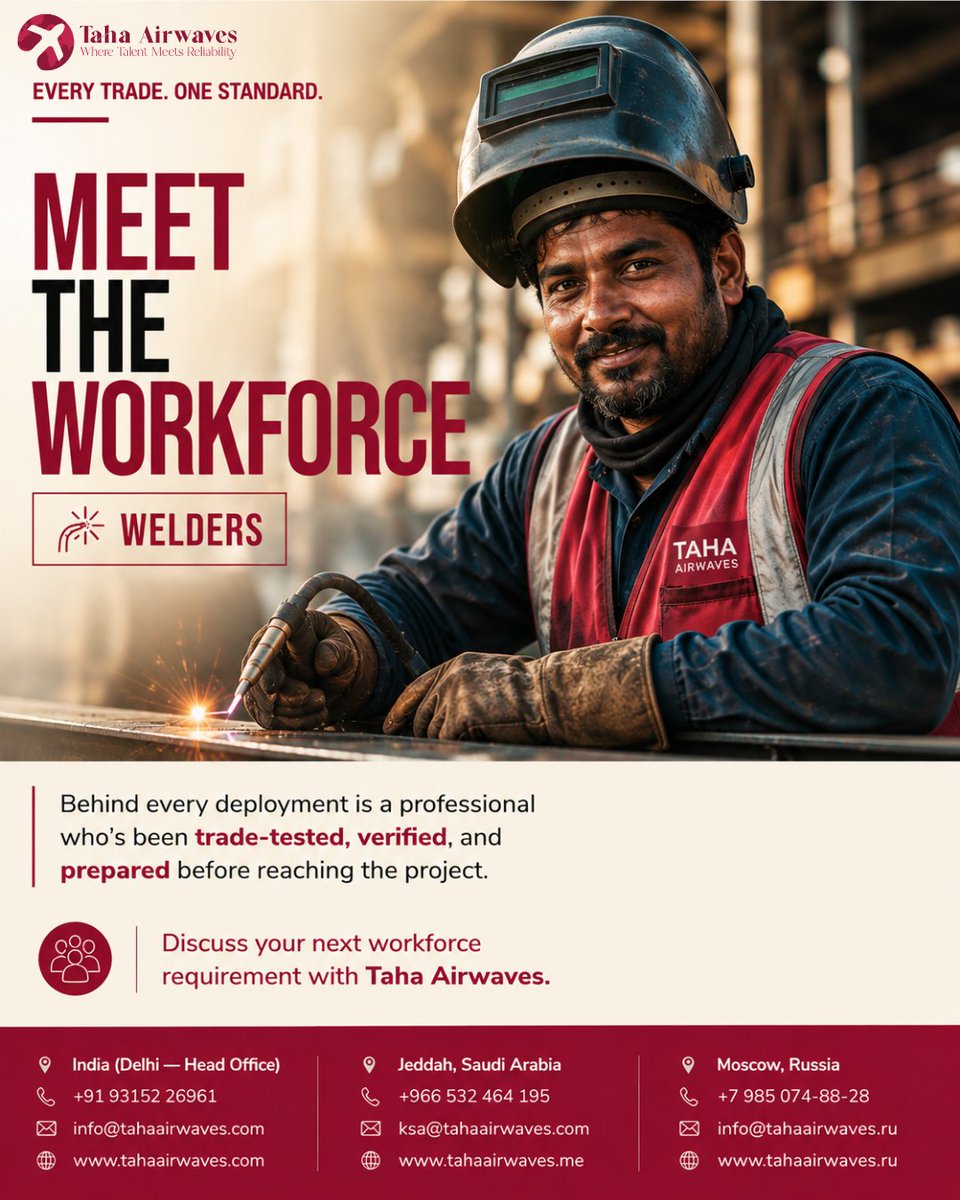 tahaairwaves's tweet photo. Every trade. One standard. Meet our welders — trade-tested and verified before deployment.

🇮🇳 +91 93152 26961
🇸🇦 +966 532 464 195
🇷🇺 +7 985 074-88-28
#TahaAirwaves #GlobalHiring #SkilledWorkers https://t.co/oI1Iw5VgTz