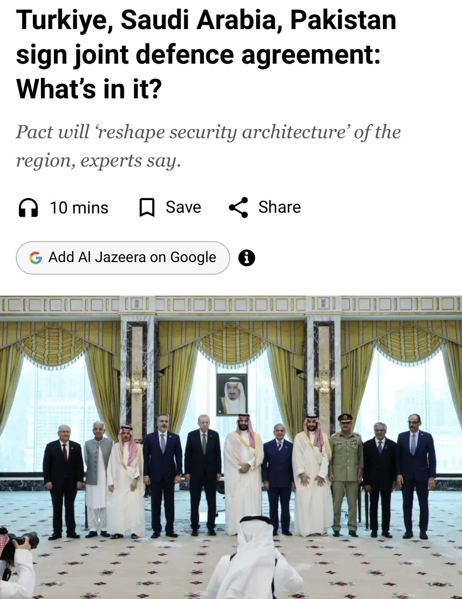 dimitrilascaris's tweet photo. The new mutual defence pact among Saudi Arabia, Türkiye and Pakistan is almost certainly aimed at Iran and not Israel.

The leaders of all three countries are vassals of Washington, and Trump has expressed no objections to the agreement. It is almost unthinkable that these three servants of Washington would enter into this agreement without Trump’s approval. Indeed, it may well be that Trump pressured them to do the deal.

Moreover, Saudi Arabia is in a hot war with Iran and its allies whereas Israel and Saudi Arabia quietly collaborate behind the scenes - despite the empty pro-Palestine rhetoric of the Saudi regime.

The peoples of Pakistan and Turkey are overwhelmingly opposed to their countries becoming involved in the war on Iran, but this pact gives the Turkish and Pakistani regimes a pretext for entering the war. If Iran hits the Saudis, they can characterize their entry into the war as the defence of a fellow Sunni Muslim state rather than a defence of the child-murdering Israeli regime.

This pact has the potential to bring the most powerful, predominantly Muslim states into direct conflict with each other - which is precisely what Israel desperately wants. 

#Iran