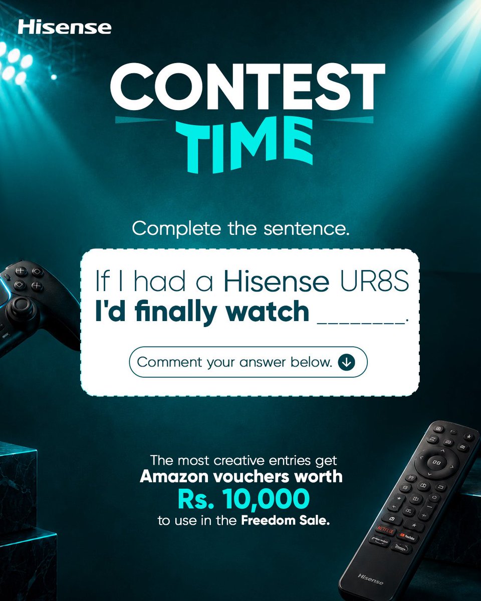 Hisense_IND's tweet photo. !!Contest Alert!!

 If you had a Hisense UR8S, what would you finally watch? The best entries will get a chance to win Amazon Vouchers worth Rs, 10,000 applicable on the FREEDOM sale!

Comment your answer below and secure your spot now!
T&amp;C apply https://t.co/C06VgWvLFv