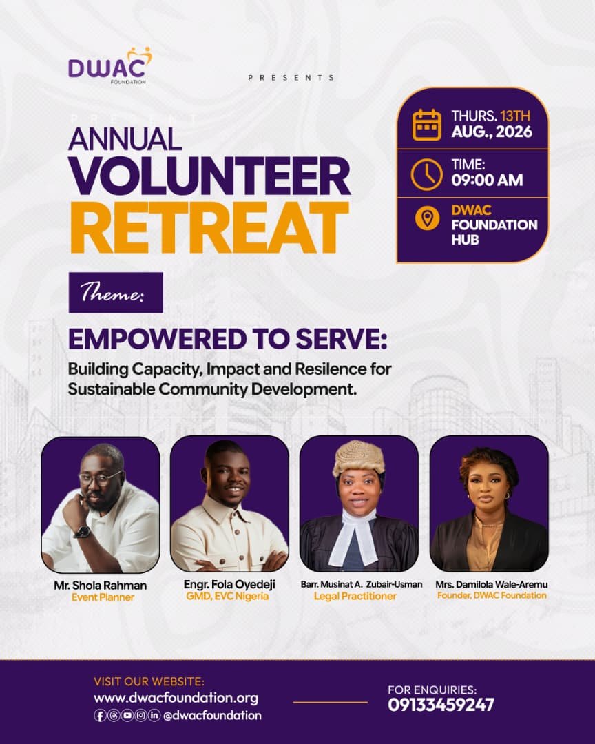 Dwacfoundation's tweet photo. Last year was impactful, fun and exciting! 💜💛

We’re back for another transformative experience at the DWAC Foundation Annual Volunteer Retreat 2026, themed:

“Empowered to Serve: Building Capacity, Impact &amp; Resilience for Sustainable Community Development.”

📅 Aug. 13 https://t.co/7dD127snZp