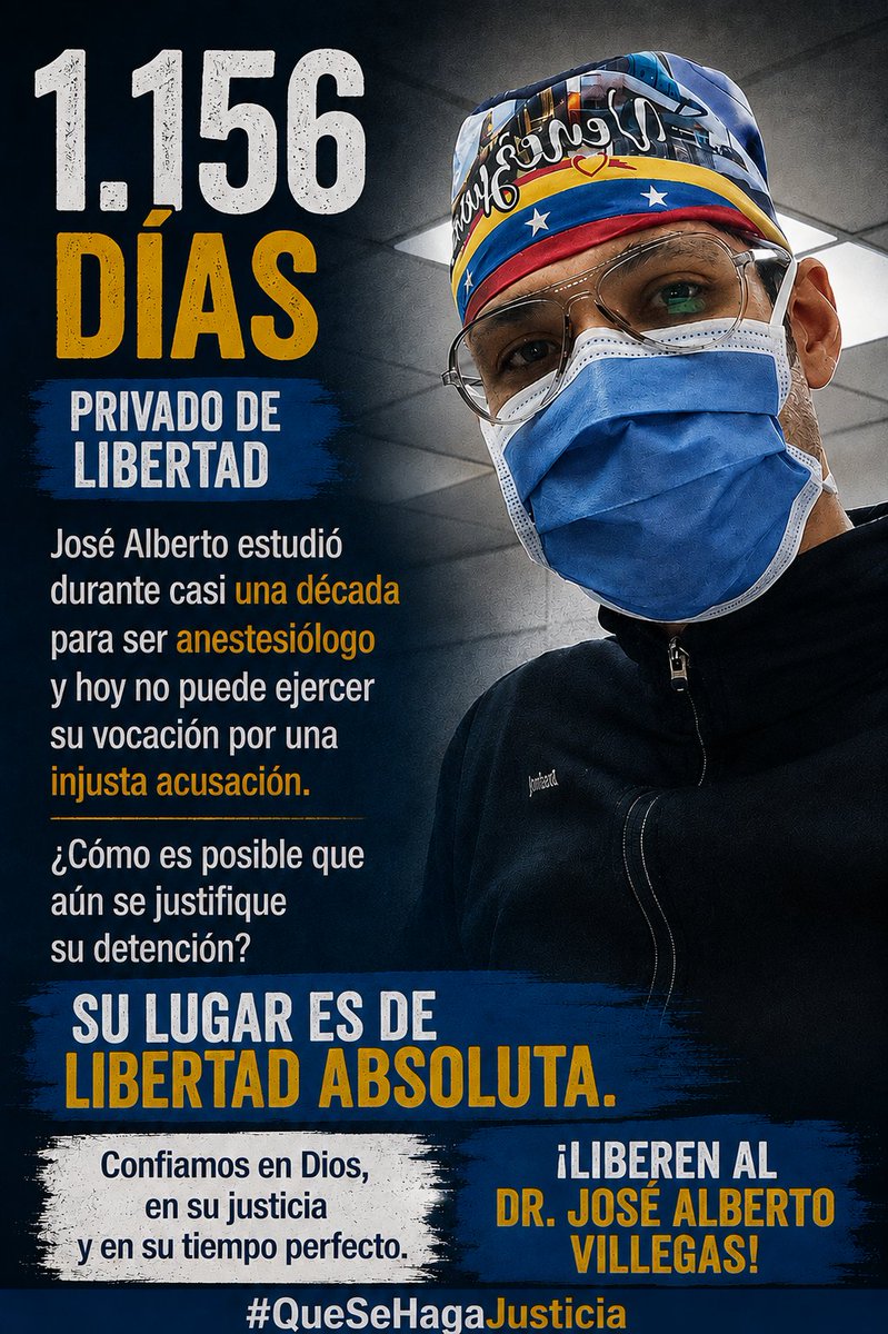 JoseAVJLibertad's tweet photo. Estudió para ser anestesiólogo, se preparó y ejerció su carrera durante años, y una injusta acusación lo privó de su libertad.

Dios mediante pronto lo veremos libre.

Amén.    

#Liberenalospresospoliticos 
#sosdesaparecidos 
#SOSPorVenezuela

@Migue1Caro
@Naky
@LuisCarlos https://t.co/SABJUltDIG