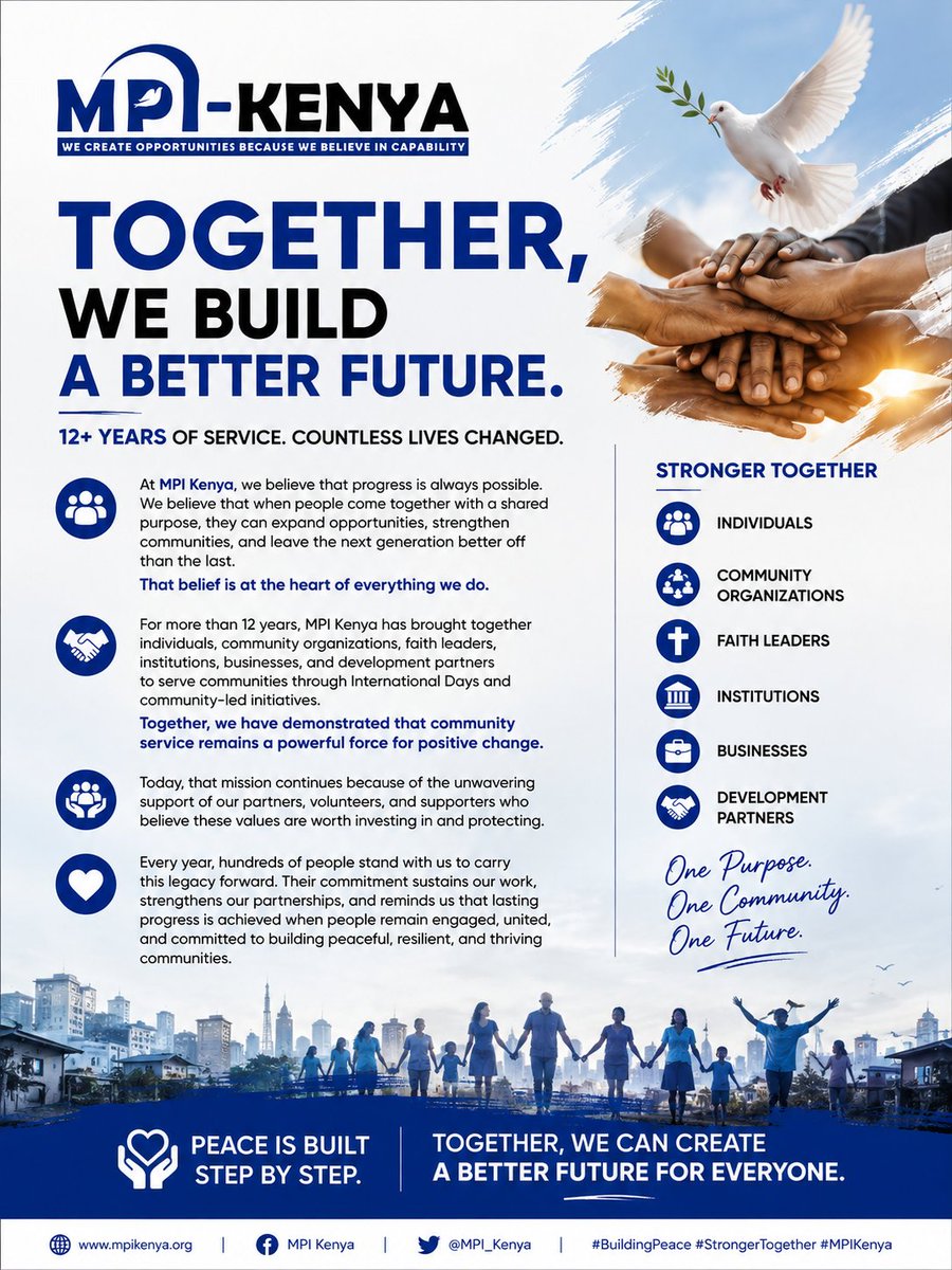 mpi_kenya's tweet photo. 🕊️ Together, We Build a Better Future
For over 12 years, MPI-Kenya has worked with communities, partners, and volunteers to promote peace, unity, and positive change.
One purpose. One community. One future. 🇰🇪
#MPIKenya #BuildingPeace #StrongerTogether #PeaceInAction https://t.co/VetqJZ1QAe