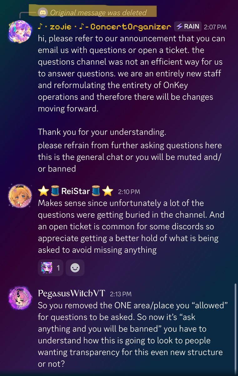 PegasusWitchVT's tweet photo. SO I don't usually post this or get involved in this sort of thing. 

BUT any good will I have had for the hope that this con would do the right thing and get things together is now OFFICIALLY GONE.

They deleted the entire questions section of their discord (including important questions), mind you this was the ONE place people could ask questions/clarification. They have now decided to ban/kick anyone asking anything of them.

Even clarification is banned. I got banned/kicked for asking for clarification.

I have been civil and just asking questions of them in the server to make sure they are actually doing as they have said they are. SO now to see how their new "staff" is handling things I would advise anyone giving them a chance to get your refund (if you can) and run away.

They are running on "vibes" and the only people allowed to remain or people that don't call their actions into question.