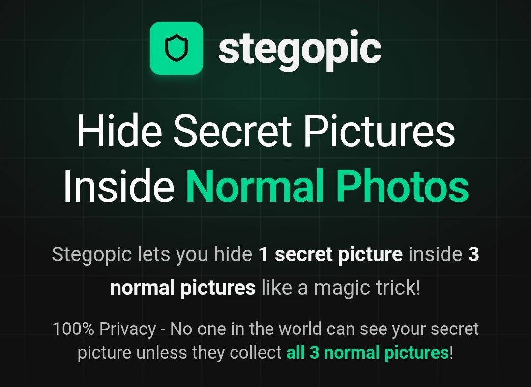 PrashantS036's tweet photo. Stegopic 🛡️ 

🔐 Hide secret image inside three normal images
🖼️ Extract the hidden image using the generated shares
⚡ Everything happens directly in your browser - no image uploads to any server

🔗 Try Stegopic: https://t.co/khRBg9Evi1 https://t.co/ATggsx3Iag