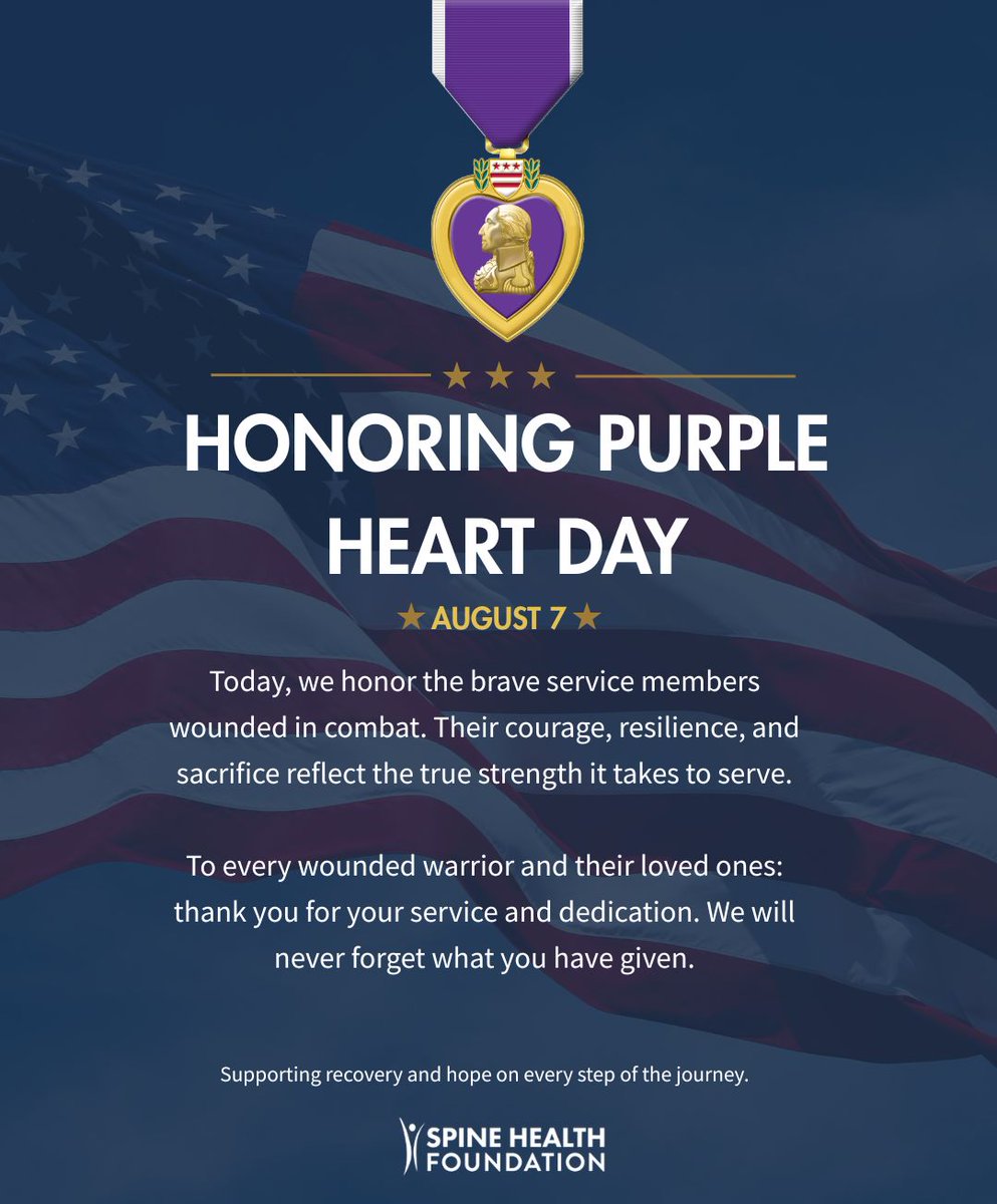 SpineHealthFdn's tweet photo. On Purple Heart Day, we pause to honor the service members who were wounded in combat.
Your courage, sacrifice, and service are remembered with deep respect and gratitude.
Thank you. 💜
#PurpleHeartDay #PurpleHeart #MilitaryService #Veterans https://t.co/SiTY7gOUQs