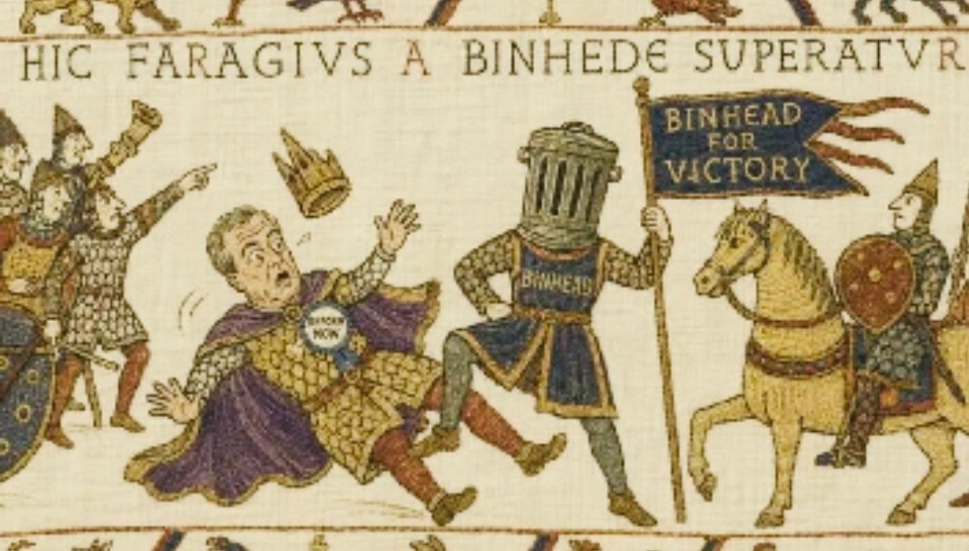 BinfaceFanComm's tweet photo. The original Bayeux Tapestry included my Clacton campaign. It ends exactly as you'd expect for Nigel Farage. 

Vote binface this election. https://t.co/Uu1XnlWYWB