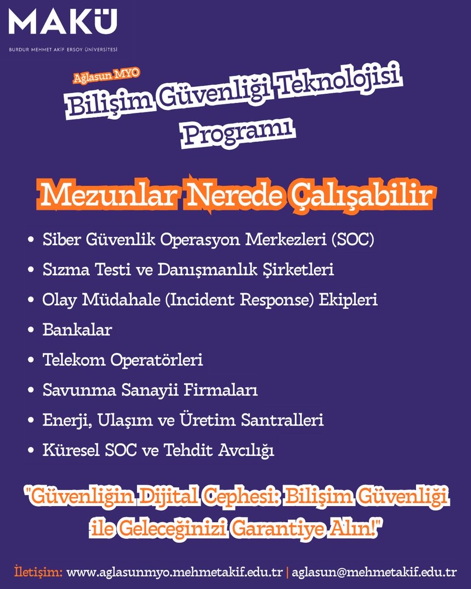 makuaglasunmyo's tweet photo. Geleceğini keşfet, rotanı başarıya çevir!

Heyecanlı bir geleceğe ilk adımını Ağlasun Meslek Yüksekokulu Bilişim Güvenliği Teknolojisi Programıyla at. 

Detaylar için web sitemizi ziyaret edebilir, bizi arayabilirsin.

https://t.co/KzpBLR5OjJ

#aglasunmyo
#TercihDönemi https://t.co/APS0rFZvRv