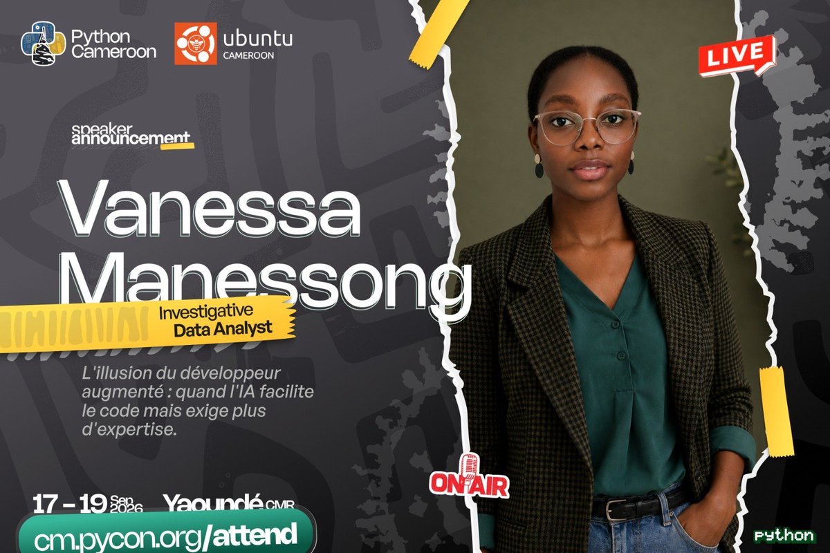 PythonCameroon's tweet photo. Générer du code avec l'IA c'est facile, mais maîtriser ce qu'elle produit c'est autre chose.
Vanessa Manessong sera au #PyConCMR avec @UbuntuCameroon pour déconstruire « l'illusion du développeur augmenté » ! https://t.co/zk5Rv5O9zL #ubuconcmr #pyconcmr #pycon #ubucon #cameroon https://t.co/g2QmvvrTWW