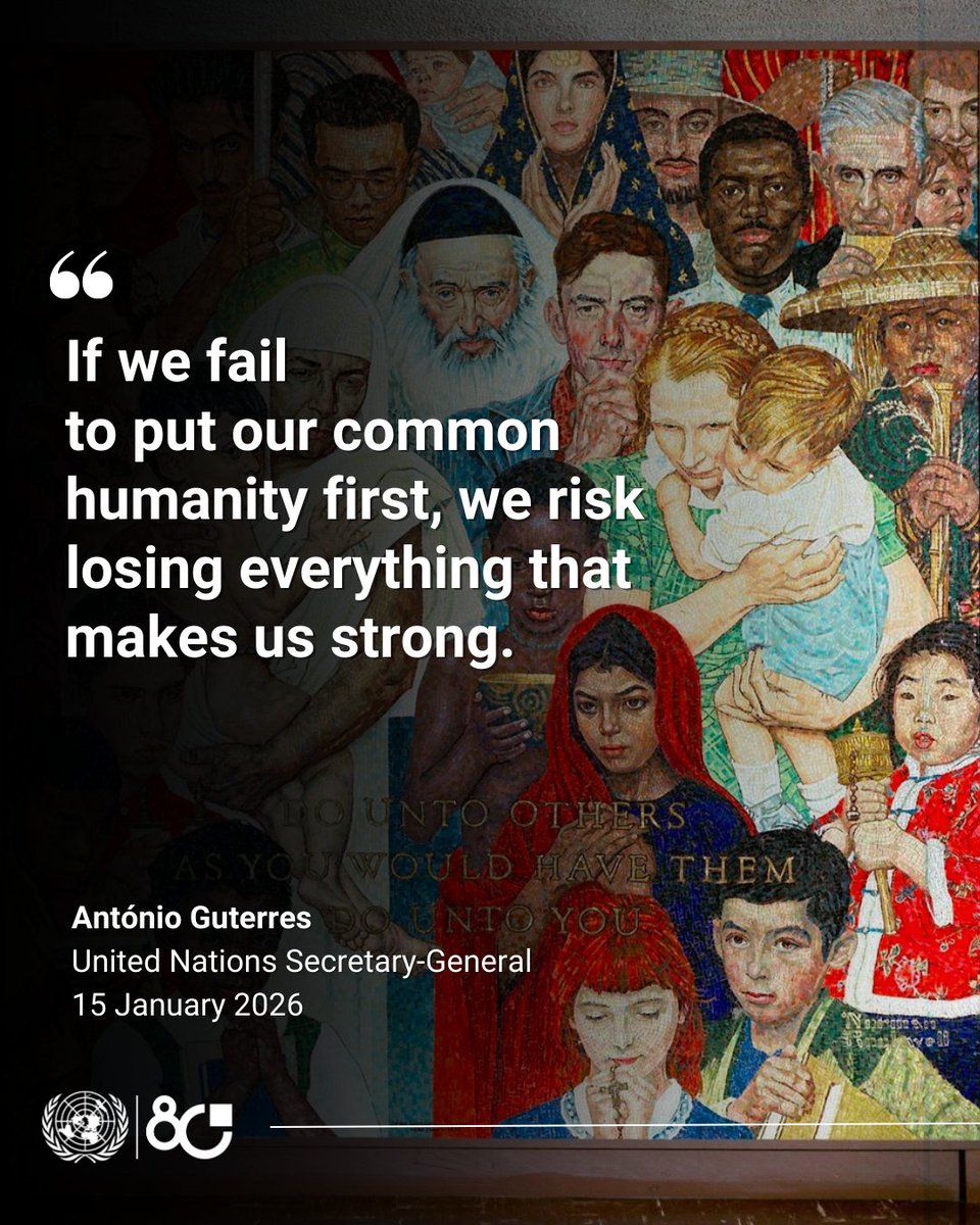 UN's tweet photo. “If we fail to put our common humanity first, we risk losing everything that makes us strong.”

Amid a world brimming with conflict, impunity, inequality and unpredictability, @antonioguterres stresses:

“We have the power to chart a different course”. https://t.co/ezXuBs7mvf