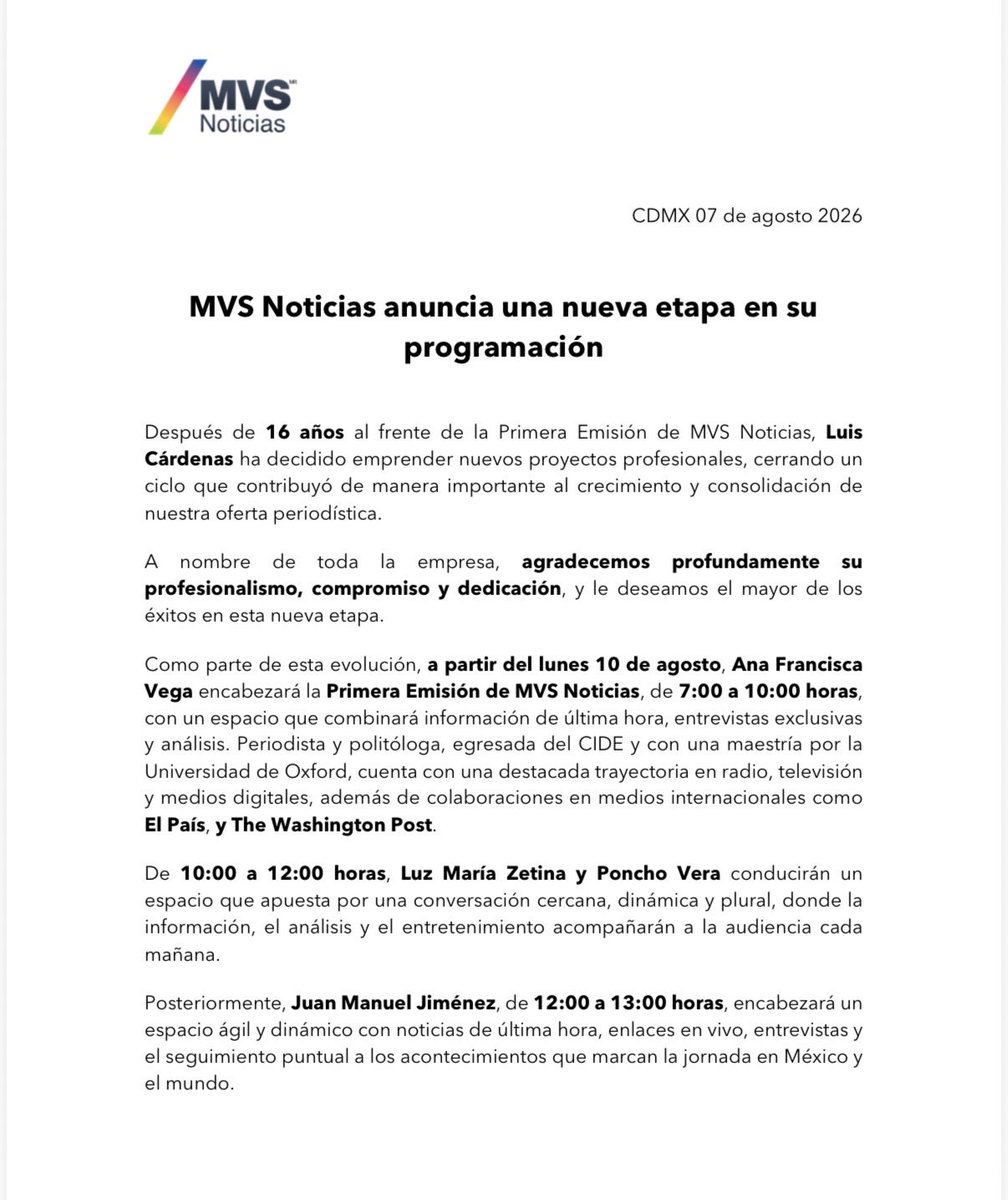 mariocampos's tweet photo. Les comparto con mucho gusto el inicio de una nueva etapa profesional. Agradecido con @MVSNoticias por la confianza. 

Ahora de lunes a viernes de 5 a 7 pm. https://t.co/tMjFvvZKWh