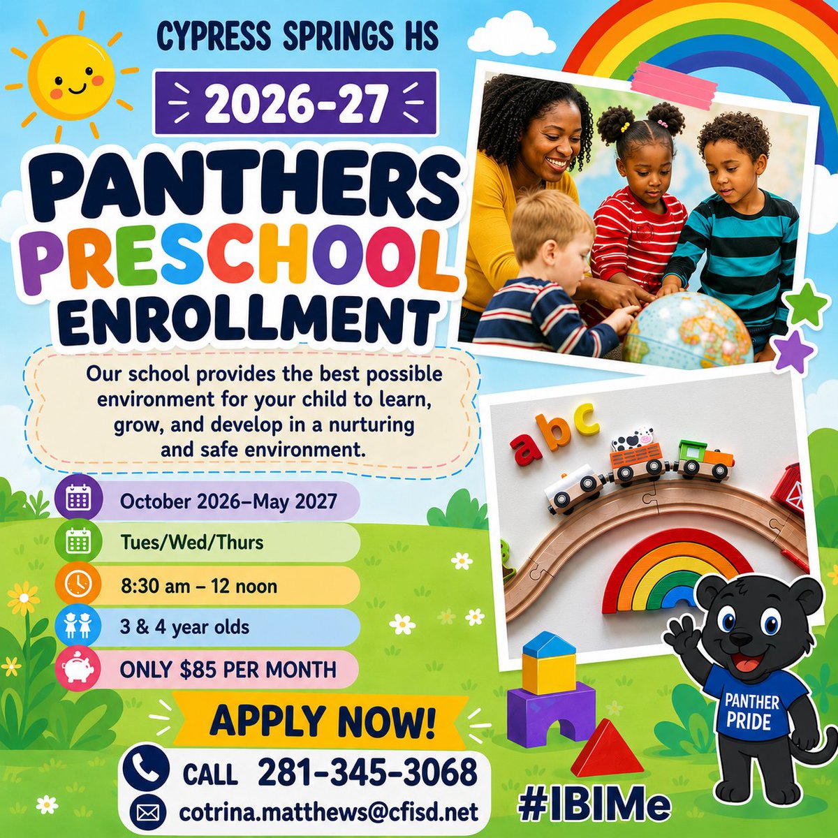 CySpringsHS's tweet photo. 🌟NOW ENROLLING – Panther Preschool!🍎
Give your child a great start in a caring, fun learning environment! At Panther Preschool at Cypress Springs High School, children build confidence, make friends, and learn through play and hands-on activities. Enroll today!
#FuturePanthers https://t.co/dARCxnz4Z4