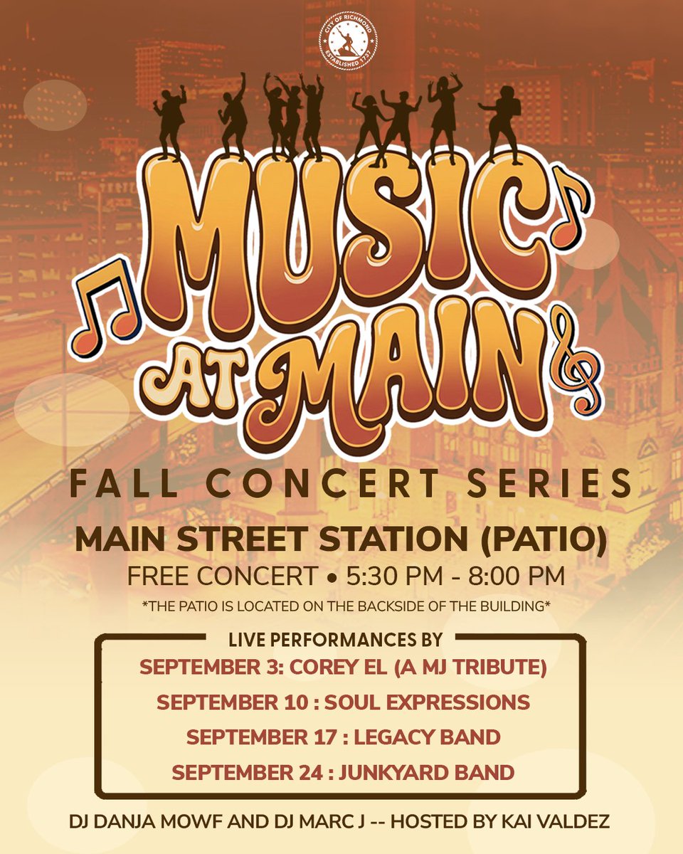 DPW_RichmondVA's tweet photo. #Free outdoor music concerts all September long - Thursday evenings, starting Sept. 3! Join us on the patio behind Main Street Station, 1500 E. Main Street from 5:30 - 8 pm. Enjoy great music w/the Richmond skyline as your backdrop - bring a chair #MusicatMain #FreeFallConcerts https://t.co/5mwrxnmqfv