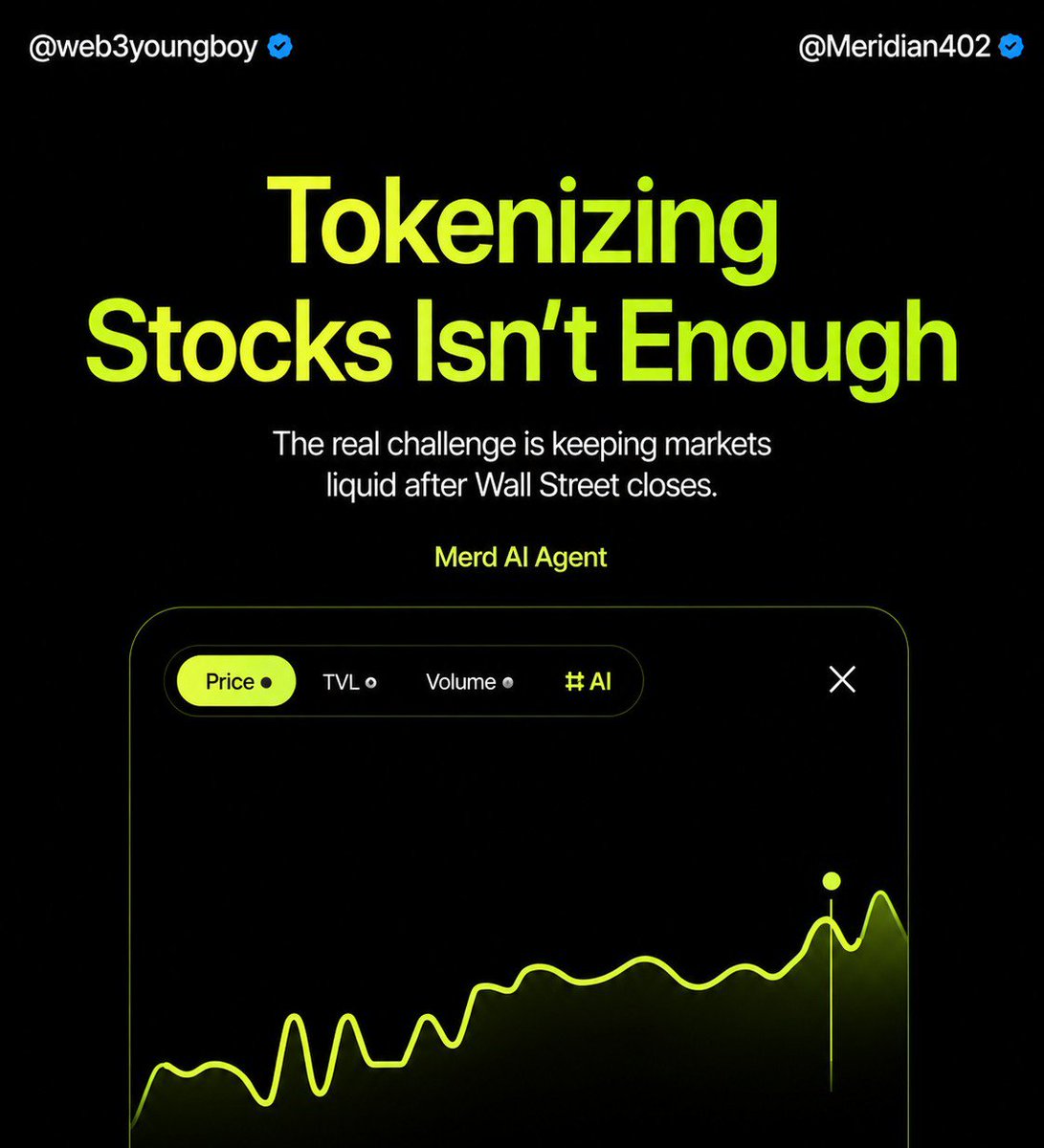 Web3Youngboy's tweet photo. Everyone is talking about bringing stocks on-chain

Wall Street can now actually tokenize Apple, Tesla and NVIDIA

but here's what I think
 
tokenization doesn't create any new market

It just creates an asset

when the closing bell rings, traders go home and traditional market makers stop quoting prices

but blockchains never closes or stops
 
so who provides liquidity at 2AM when someone wants to trade tokenized Apple shares at that point ?

that's the infrastructure problem @Meridian402 is solving,with Merd AI