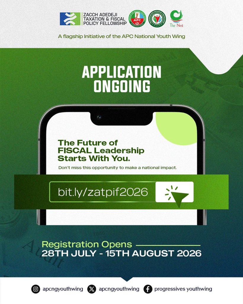 ennydo100_'s tweet photo. The Zacch Adedeji Taxation &amp; Fiscal Policy Fellowship is where policy meets purpose, empowering young minds to shape Nigeria’s economic future.

Applications are still open.

Join us and help shape the future of taxation and public finance.

Apply now: https://t.co/MeoBo4Taid https://t.co/bTVqY0fYvX