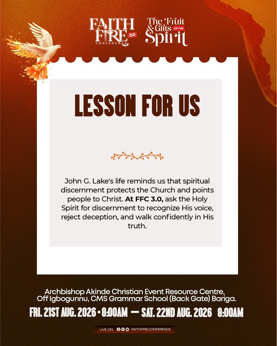 faithfirecon's tweet photo. Through the life of John G. Lake, we see the power of spiritual discernment in advancing God's kingdom.
Swipe through and discover why this gift is vital for every believer.
#FaithFireConference #FFC3 #FruitAndGiftsOfTheSpirit #KnowYourGift #GiftOfTheSpiritSeries https://t.co/MPRvBlvZwc