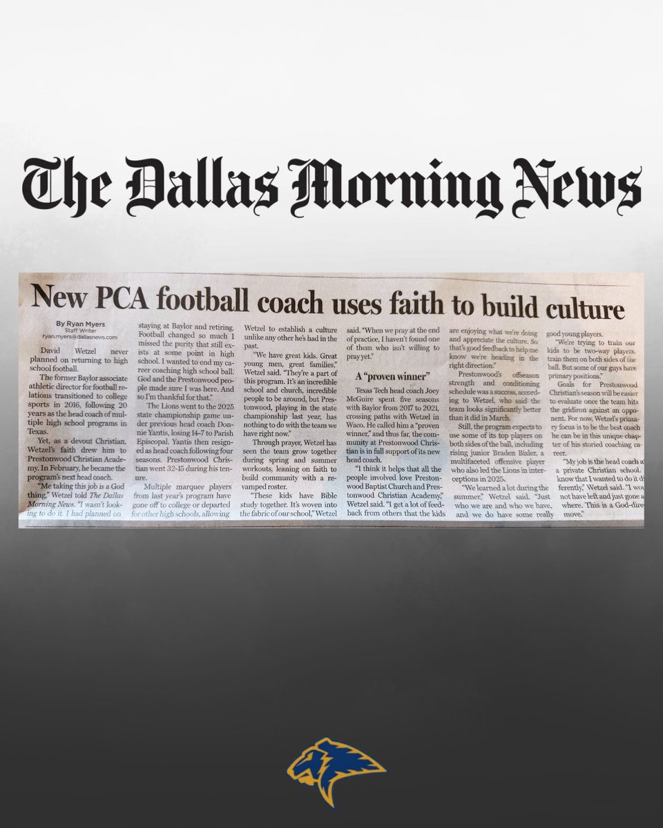 jackngraham's tweet photo. Football season is about so much more than what happens on Friday nights, it’s about investing in the next generation, shaping young men of character, and pointing them to Christ. 

We’re grateful for Coach David Wetzel’s leadership and the heart he brings to @PrestonwoodPCA as this new season begins. We’re excited to see how God will work through this team, both on and off the field. 

Thank you to @dallasnews for sharing this encouraging story and highlighting the difference faith-filled leadership can make.

Go Lions! 🦁

https://t.co/zA7T8Qtm47