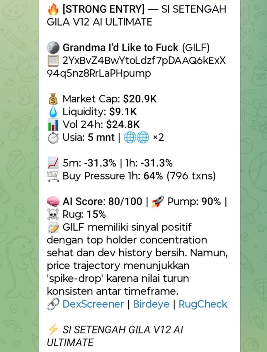 YoliTradingBot's tweet photo. 5.5x 🚀🚀🚀🚀🚀 from $GILF 
And still going 🤑🤑🤑

2YxBvZ4BwYtoLdzf7pDAAQ6kExX94q5nz8RrLaPHpump

#cuan #trading #tradingbot #memecoin #memesolana #solana #tradingmeme #koinmicin https://t.co/hDgZv5F7He