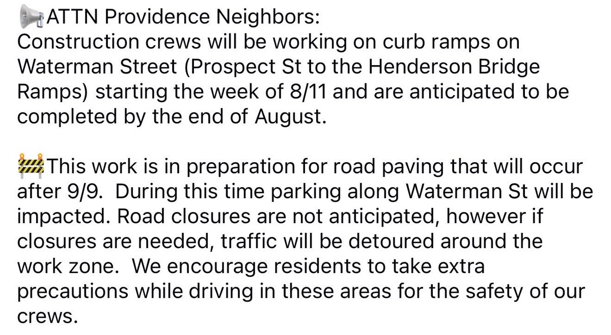CityofProv's tweet photo. Providence Neighbors: 
⚠️Please be aware of upcoming roadwork stating this Monday, August 11, 2026, through the end of August. https://t.co/LNnyplpv5f