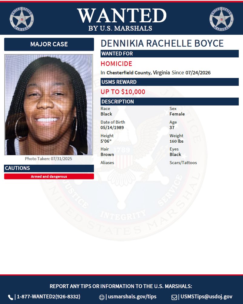 USMarshalsHQ's tweet photo. Dennikia Rachelle Boyce is wanted for homicide.  To submit a tip about a fugitive, go to https://t.co/6bFURsiTZq. 

#USMarshals #USMarshalsWanted https://t.co/HFb8qxCarX