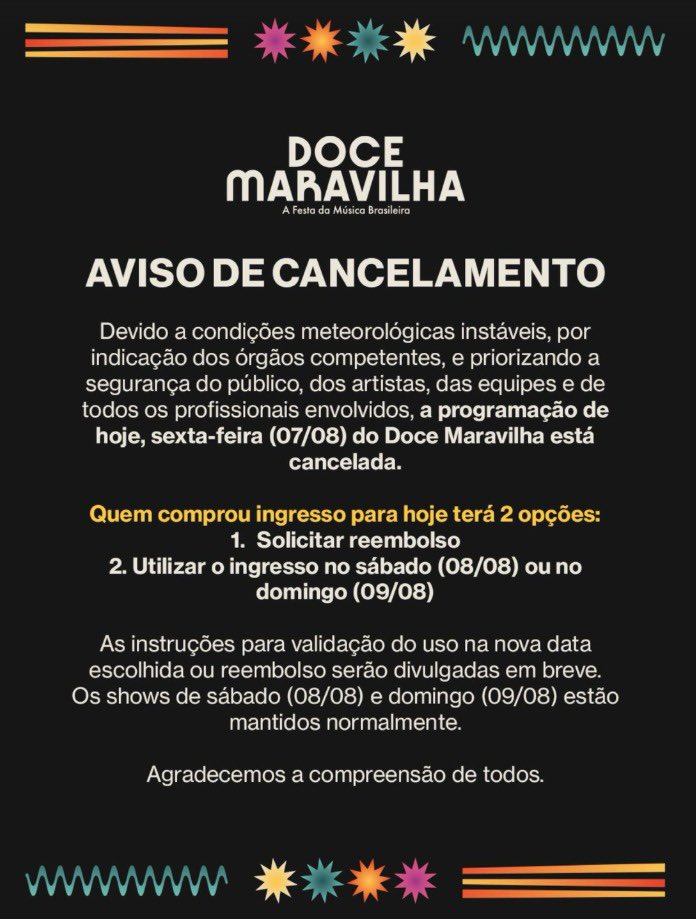 mapafestivais's tweet photo. SUA ALEGRIA FOI CANCELADA! 🫵🏽😭

o Doce Maravilha cancelou os shows da Noite Doce que aconteceriam hoje (07), no Jockey Club (RJ).

entre as atrações confirmadas estavam Fresno e Raimundos convidando Charlie Brown Jr. 

os shows de sábado (08) é domingo (09) seguem confirmados. https://t.co/eRmmHmfS8Z