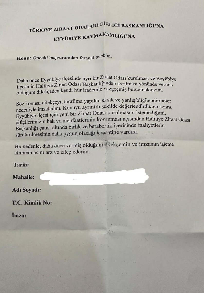 M_ibrahimoglu63's tweet photo. Değerli Eyyübiyeli hemşehrilerim;

İlçemize ayrı bir Ziraat Odası kurulması için başlattığımız mücadele sürerken, ekte gördüğünüz feragat dilekçesinin bazı vatandaşlara imzalatıldığı iddia edilmektedir.

Takdiri siz değerli hemşehrilerimize bırakıyorum. Eyyübiye’nin kendi kurumlarına kavuşmasını isteyenlerle, mevcut durumun devamını isteyenler arasındaki farkı en iyi halkımız değerlendirecektir.

Bizim tek amacımız; Eyyübiye çiftçisinin hak ettiği hizmeti alması, ilçemizin her alanda gelişmesi ve çiftçilerimizin güçlü bir şekilde temsil edilmesidir.

Kararı vicdanınıza bırakıyorum. Eyyübiye’nin geleceği hepimizin ortak meselesidir.@MTanal @semsibayraktar @bybekirbozdag