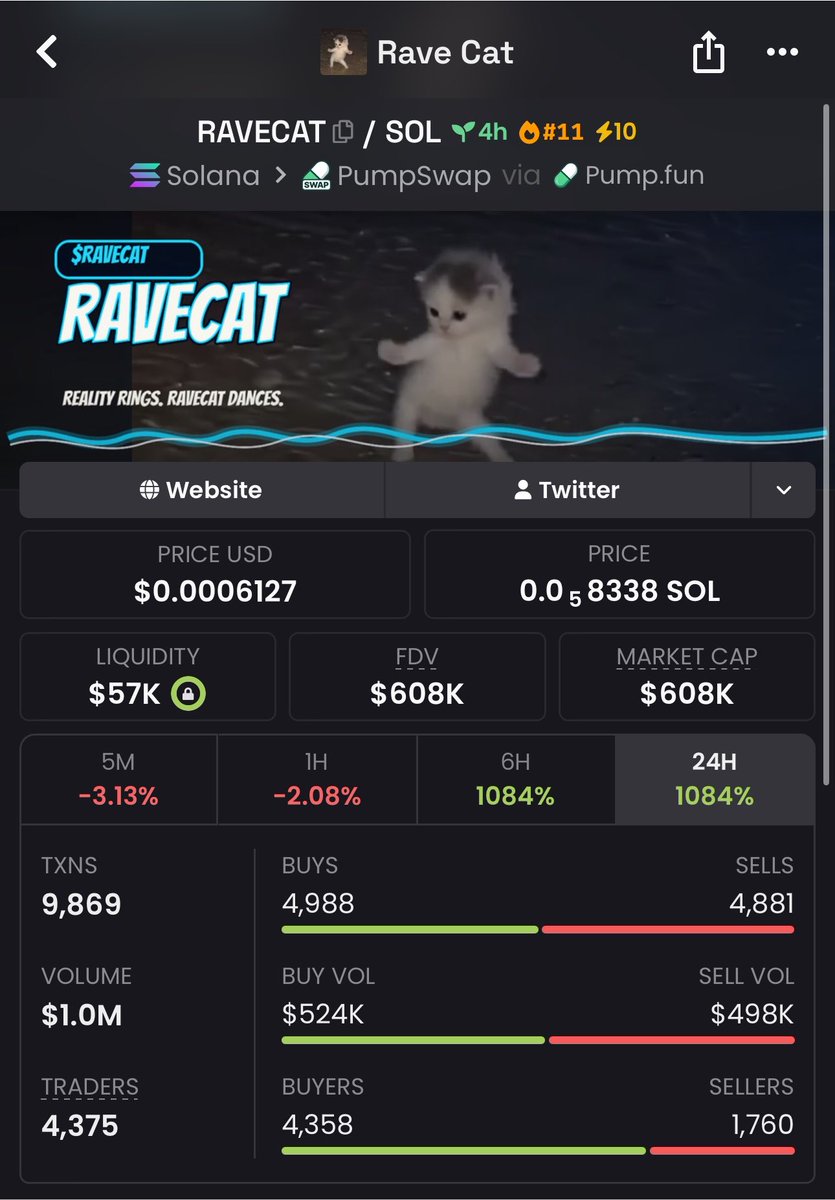 Lalonde01's tweet photo. $RAVECAT exploded from a $22K market cap to $608K ππ₯ an incredible 2,664% gain! Explosive momentum, relentless buying pressure, and another low-cap gem delivering massive returns. ππ₯ The next monster breakout could already be waiting in my TG be early, not late. π₯·π #RAVECAT #Crypto #Memecoin #Altcoins #100xGem Ca::mNzssXQ9hU1ASJ1CVuu4JjrFBrfeVdR2JzirKS3pump