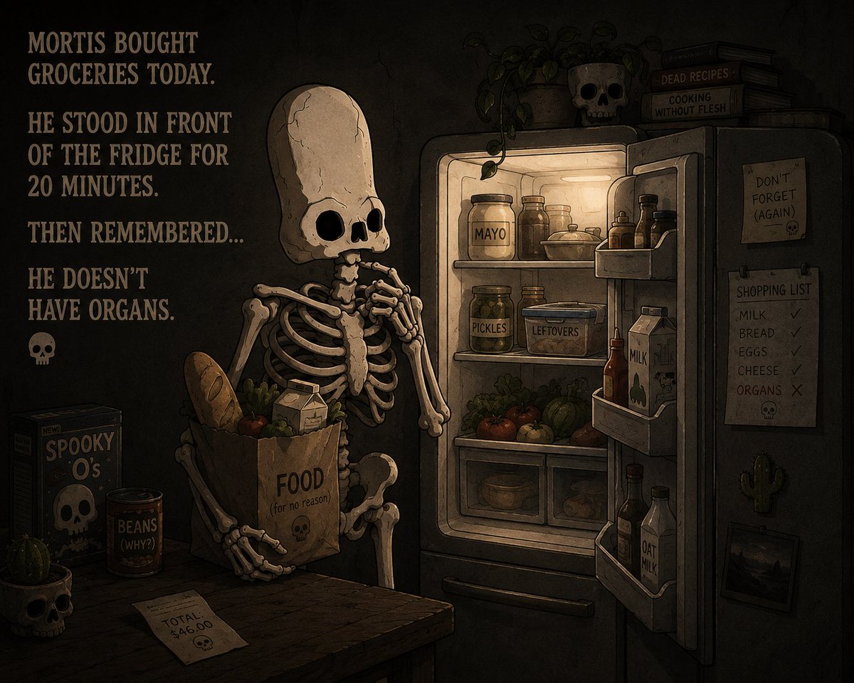 MortisHQ's tweet photo. Mortis bought groceries today.

He stood in front of the fridge for 20 minutes.

Then remembered…

He doesn’t have organs.

💀 https://t.co/D39TIK8lOO