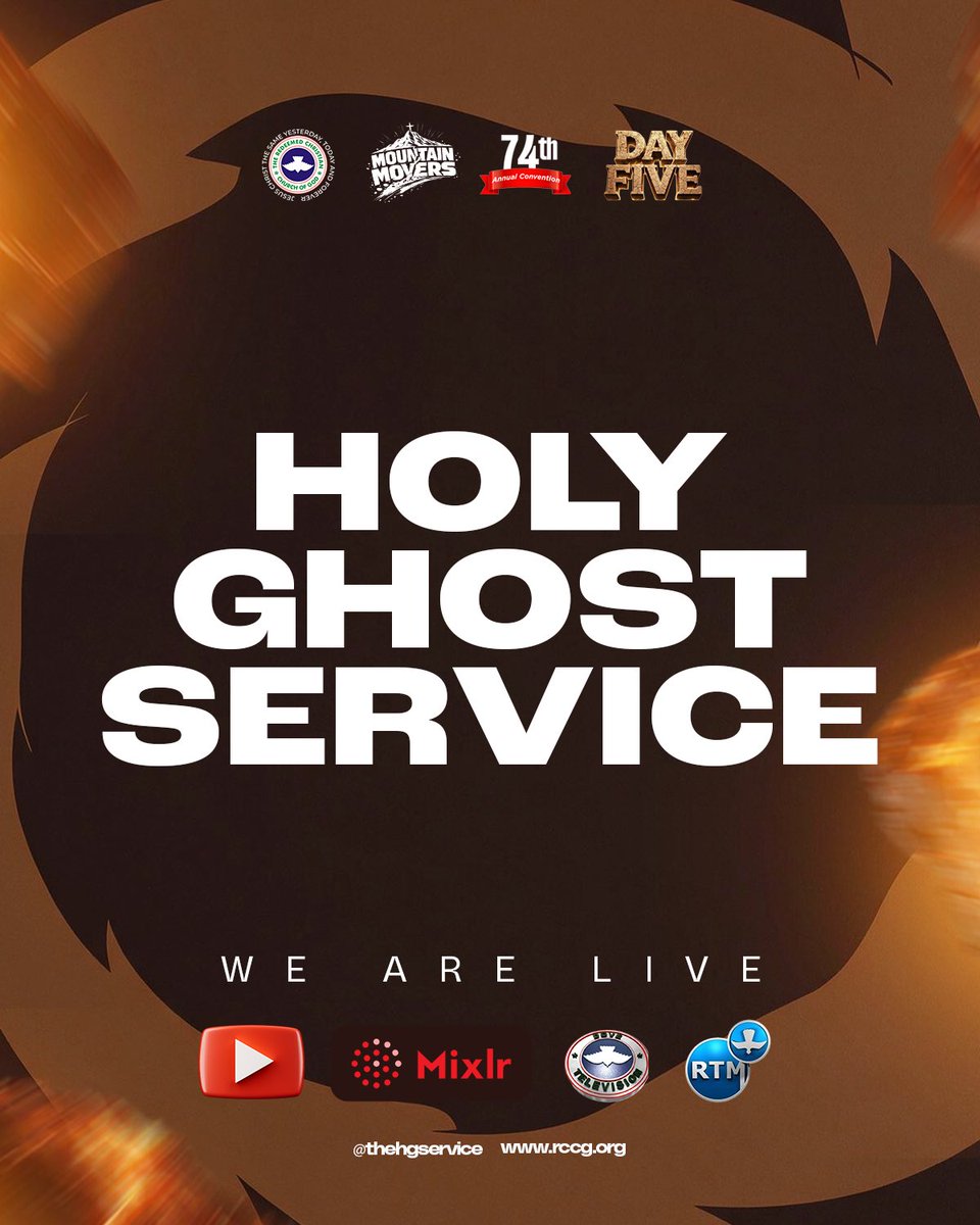rccghq's tweet photo. The Holy Ghost Service is LIVE!

The climax of the Mountain Movers experience is here!

After days of prayer, worship, the Word, and divine encounters, we have arrived at the moment of supernatural release. This is where heaven meets earth, faith becomes reality, and mountains give way to the power of God.

Whatever God has reserved for you; healing, deliverance, restoration, breakthrough, salvation, or a fresh encounter, this is your moment.

Join us LIVE and connect with what God is doing at the RCCG 74th Annual Convention. Don’t just watch; participate with faith, expectation, and prayer.

The heavens are open. Your testimony is next.

Day 5
Holy Ghost Service

#MountainMovers
#RCCGHolyGhostConvention2026
#RCCG
