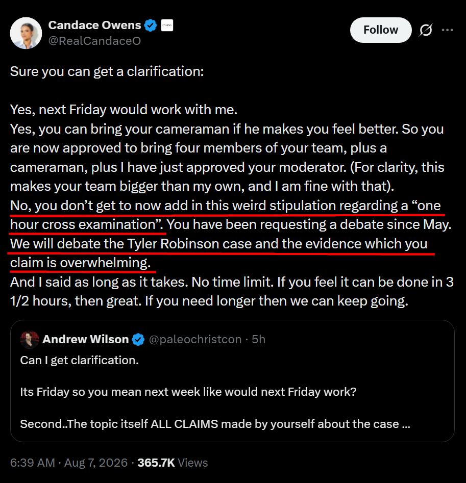 KanekoaTheGreat's tweet photo. LOL. It looks like @RealCandaceO is pulling a Stew Peters.

Candace has spent 10 months pushing claims about Egyptian planes, French legionnaires, Fort Huachuca, the U.S. military, exploding microphones, TPUSA, Erika Kirk, and Israel being involved in Charlie’s murder.

If those claims are credible, she should defend them.

Instead, she appears to want a debate limited to the Tyler Robinson case while keeping her own theories off-limits.

That misses the point.

Candace and her audience are skeptical of the official narrative.

That’s fine.

Questioning powerful institutions is healthy, and everyone should demand transparency.

But the same standard has to apply to the people asking the questions.

You cannot demand rigorous scrutiny of the official story while shielding your own theories from the same scrutiny.

If the evidence supports your claims, defend them.

If it doesn’t, acknowledge that so everyone can move closer to the truth.

Don’t be another Stew Peters: spend months making explosive claims, then refuse to answer questions about them when finally challenged.

Most people only want this debate because Candace spent 10 months promoting these claims to millions of people.

Even her own audience would want to see her defend the claims they’ve been repeating.

Nobody wants a debate where Candace won’t defend her own claims and @paleochristcon isn’t allowed to question the questioner.