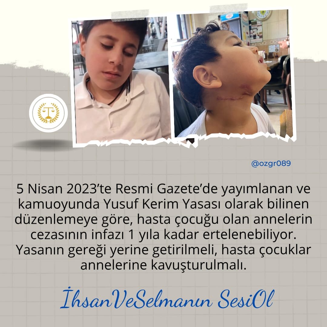 5519Neda79259's tweet photo. 4 yaşındaki Selman ağır verem tedavisi görüyor ve doktor raporlarına göre acil anne bakımına muhtaç. Yargıtay'ın bozma kararına rağmen annesi Melek Tekin cezaevinde. Yusuf Kerim Yasası uygulanmalı, Selman annesine kavuşmalı! 
💔🏥
İhsanVeSelmanın SesiOl https://t.co/XoCy4BfO41