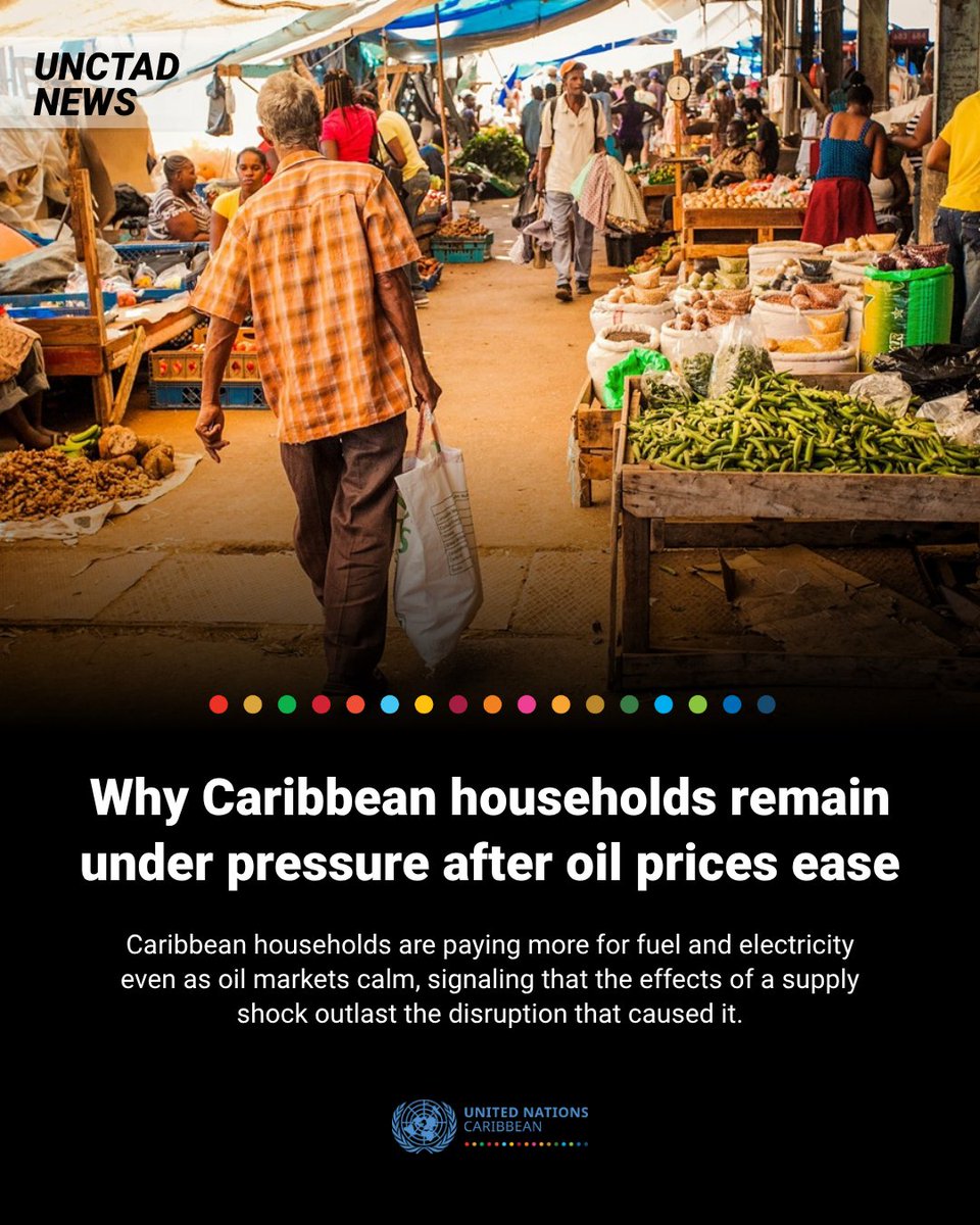 CaribbeanUN's tweet photo. Oil prices have returned to near pre-Hormuz Strait crisis levels, but many #Caribbean households are still paying more for electricity, food, gas and transport. Drawing on WFP/CARICOM survey data, @UNCTAD examines why these pressures persist.

🗞️ News: https://t.co/JfpgHuJc45 https://t.co/xDyDJ94Ba5