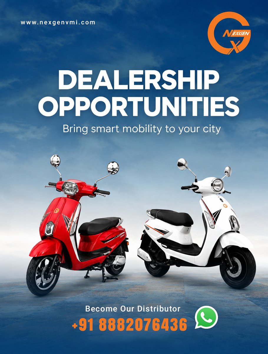 nexgenvmi's tweet photo. Your city deserves smarter mobility. Your business deserves a smarter opportunity.

Join 𝗡𝗘𝗫𝗚𝗘𝗡 as an authorized dealership partner and build a successful future in the fast-growing EV market.

📞 Contact: +91 8882076436

#NEXGEN #EVDealership #ElectricScooter #Business https://t.co/HBg0axJlBH