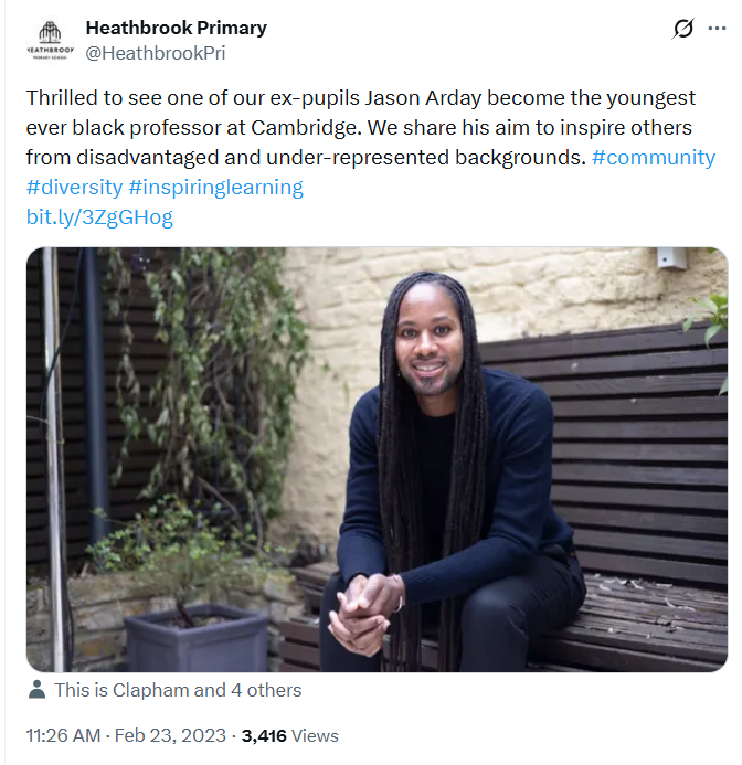 GrumpyOW's tweet photo. Heathbrook Primary congratulating Jason Arday on his appointment in 2023. No mention of him being non-verbal, just the fact that he was from a disadvantaged background. https://t.co/yfPsONHttG