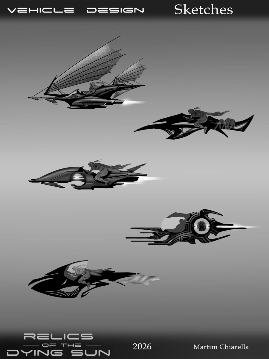 MartimChiarella's tweet photo. Introducing the desert vehicles "Falcon", "Wasp" and "Beetle"
Vehicle design explorations for "Relics of the Dying Sun", a personal sci-fantasy game project.
#ConceptArt #VehicleDesign #GameDev #VisDev #SciFantasy #IndieGame https://t.co/LHmB2sXfi5