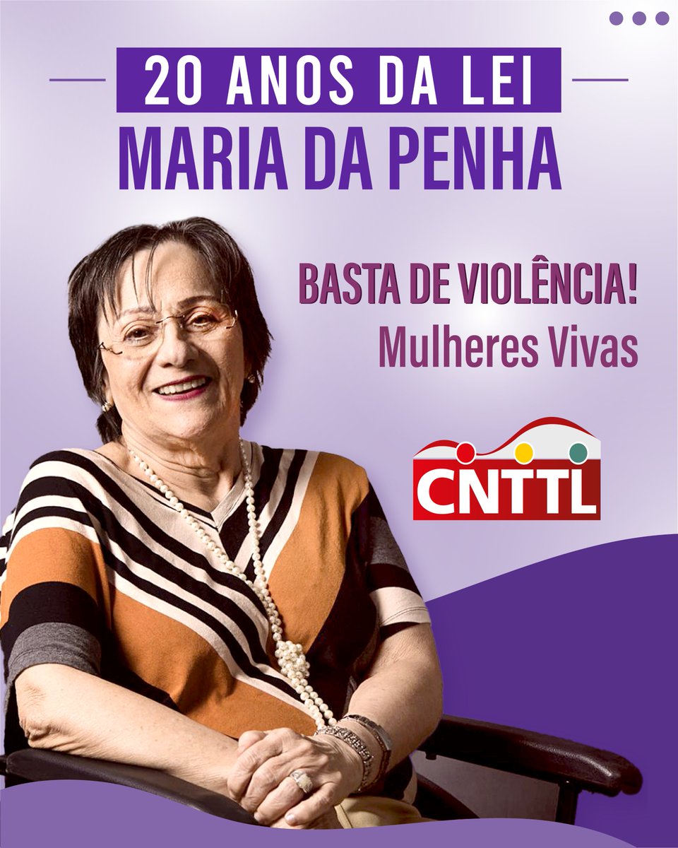 CNTTLOFICIAL's tweet photo. 💜⚖️ Hoje celebramos os 20 anos da Lei Maria da Penha (Lei nº 11.340). A data também marca o Agosto Lilás, mês de conscientização pelo fim da violência de gênero.

✊🏾 A CNTTL reafirma seu compromisso com essa luta.
📞 Em caso de violência, denuncie: ligue 180. https://t.co/iA2fatGLUn
