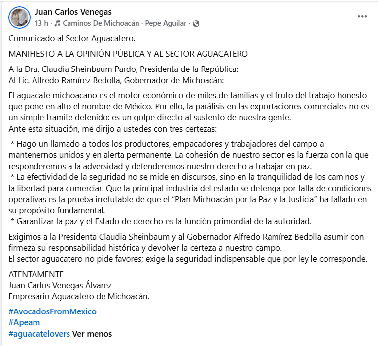 MLopezSanMartin's tweet photo. Tercer día sin exportar aguacate de Michoacán a EU

Juan Carlos Venegas Álvarez, empresario aguacatero, exige a Sheinbaum y Ramírez Bedolla asumir su responsabilidad

“La seguridad no se mide en discursos, sino en la tranquilidad de los caminos y la libertad para comerciar” https://t.co/Jjwt6tfjrE