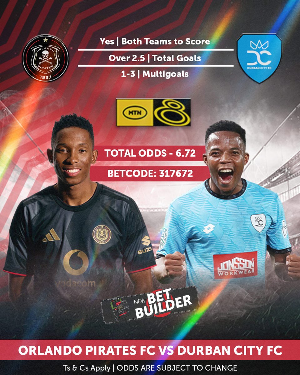 PLAYBET's tweet photo. The road to cup glory begins as Orlando Pirates take on Durban City in the opening clash of the MTN8. Expect big moments, fierce competition, and 90 minutes of must-watch football.
BETCODE: 317672
BET NOW! https://t.co/zgrob63PJN
#playthegame #mtn8knockout #wafawafa https://t.co/Z1CpaGBNi0