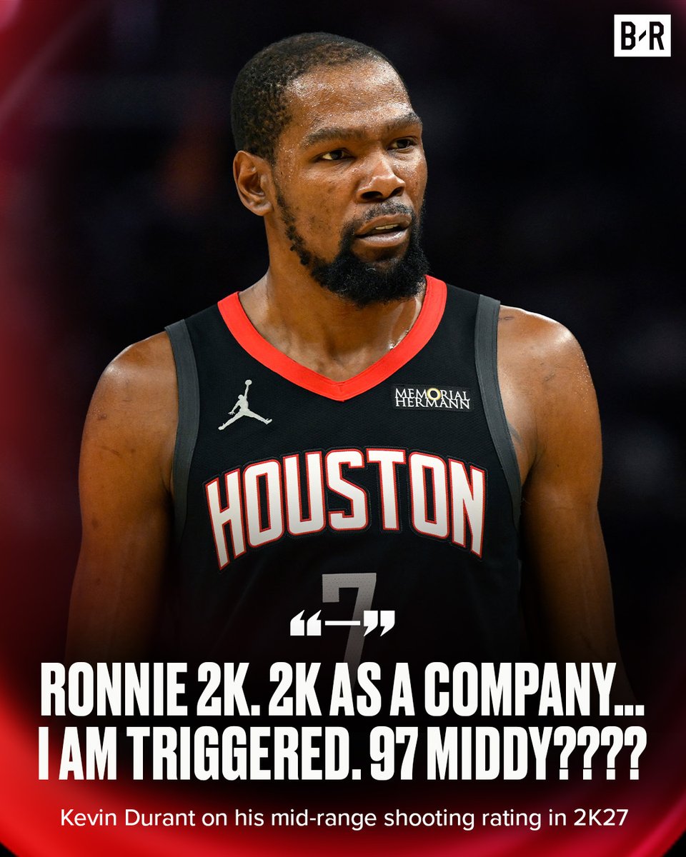 BleacherReport's tweet photo. Kevin Durant reacts to having the 7th-highest mid-range rating in NBA 2K27 😳

Players rated higher include Tre Johnson, Cade Cunningham and Jalen Brunson 👀 https://t.co/eWbjcCQhoN