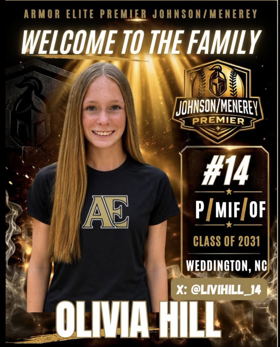 AEPremierJM's tweet photo. ⚔️ROSTER ANNOUNCEMENT⚔️
Welcome 2031 P/MIF/OF Olivia Hill @livihill_14 from Weddington, NC to Armor Elite Premier!💛🖤 Olivia is the definition of an all-around athlete. Whether she’s dominating in the circle, making plays in the middle infield, tracking down balls in the outfield, or delivering at the plate, Olivia has the ability to impact the game from anywhere on the field. She’s the type of competitor you can plug into any position, and she’ll be ready to show out.

This past middle school season, Olivia showcased just how dominant she can be in the circle, pitching 68 innings while recording 92 strikeouts in her first middle school season. Her relentless work ethic, competitive mindset, and confidence make her a force every time she steps between the lines.

At the plate, Olivia is a consistent threat who knows how to compete in every at-bat. Her versatility, athleticism, and willingness to do whatever her team needs make her an invaluable part of any lineup.

We’re beyond excited to have Olivia representing Armor Elite at the Premier level. We can’t wait to watch her continue to grow, compete, and make an impact in the black and gold!

Welcome to the family, Olivia! 🛡️💛

#ArmorUp #BeElite
@ArmorEliteFP