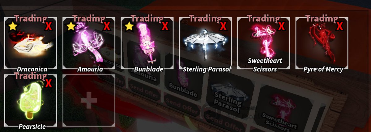 damnson27_'s tweet photo. WTS 

Draconica 110
Amouria 110
Bunblade 120
Pyre of Mercy 120
Sweetheart Scissors 35 https://t.co/z2V45kggn0