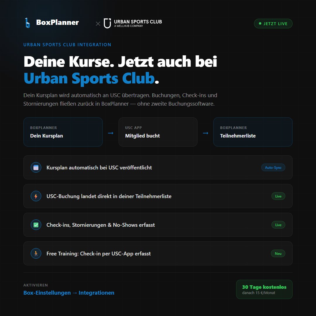 boxplanner's tweet photo. Urban Sports Club Integration ist live 🎉

Kursplan automatisch bei USC. Buchungen, Check-ins & Stornos zurück in BoxPlanner. Keine zweite Buchungssoftware.

15 €/Monat pauschal — keine Gebühr pro Buchung. 30 Tage kostenlos.

—

Urban Sports Club integration is live 🎉

Schedule publishes to USC automatically. Bookings, check-ins & cancellations flow back into BoxPlanner. No second booking system.

€15/month flat — no per-booking fee. 30 days free.

@urbansportsclub

#CrossFit #GymManagement #CrossFitDACH #BoxPlanner
