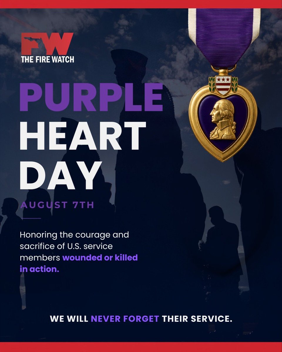 YourTurnToStand's tweet photo. Today, we honor the brave service members who were wounded or gave their lives in service to our nation. 💜🇺🇸
On Purple Heart Day, we recognize their courage, sacrifice, and unwavering commitment to protecting our freedoms.
#purpleheartday #thefirewatch #yourturntostand https://t.co/AwAm1GoAqr