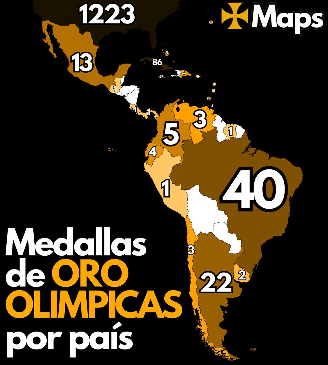 mapas_x's tweet photo. 🥇🌎 Medallas de oro olimpicas por país: https://t.co/B1HCPrQrRE