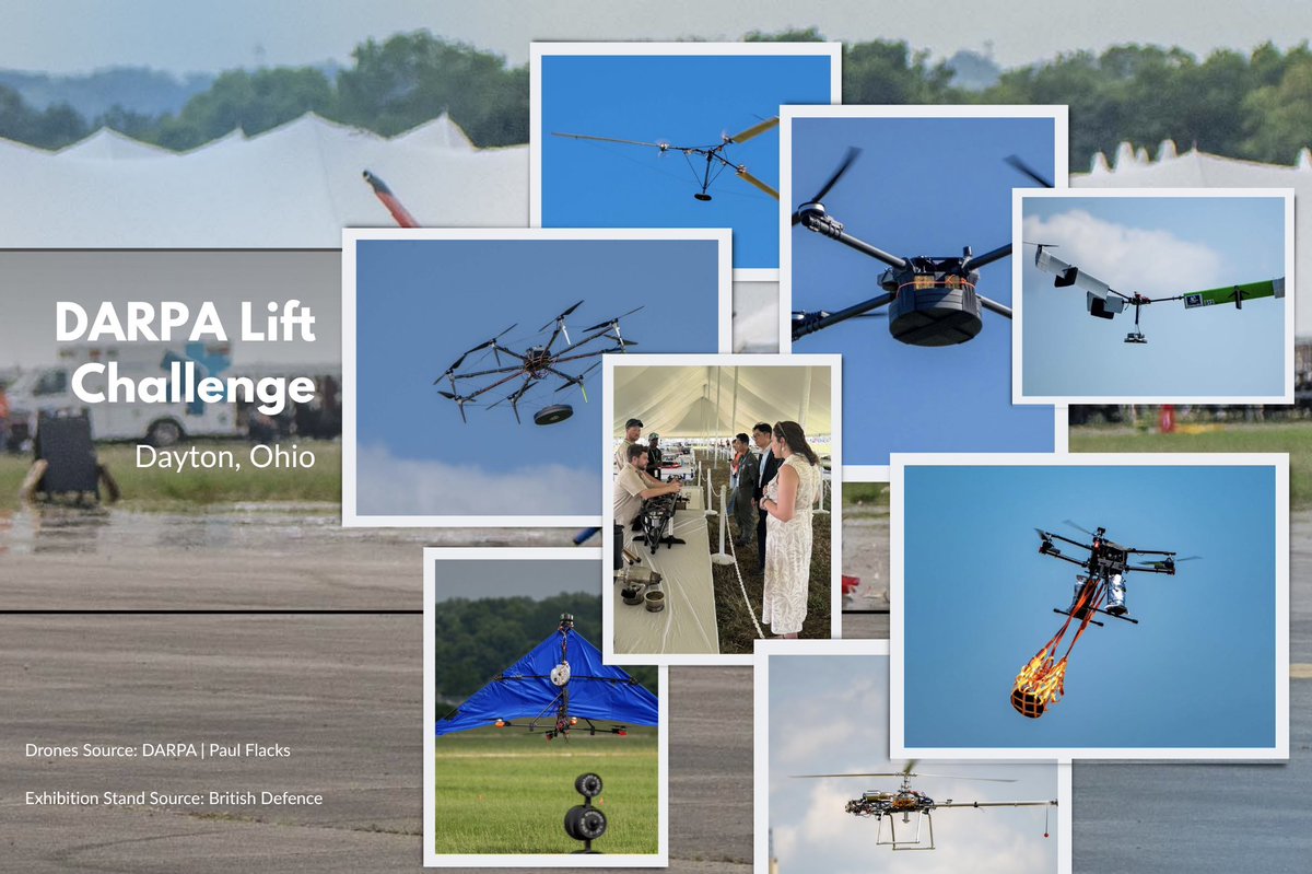 UKdefenceUS's tweet photo. Drones capable of lifting more than four times their own weight could help reinvent vertical and heavy-lift aviation.

Members of the @RoyalNavy and @DSLTmod headed to Dayton, Ohio, for the DARPA Lift Challenge, where competitors tested novel drones built for heavy lift. https://t.co/p56Xqb4FwG