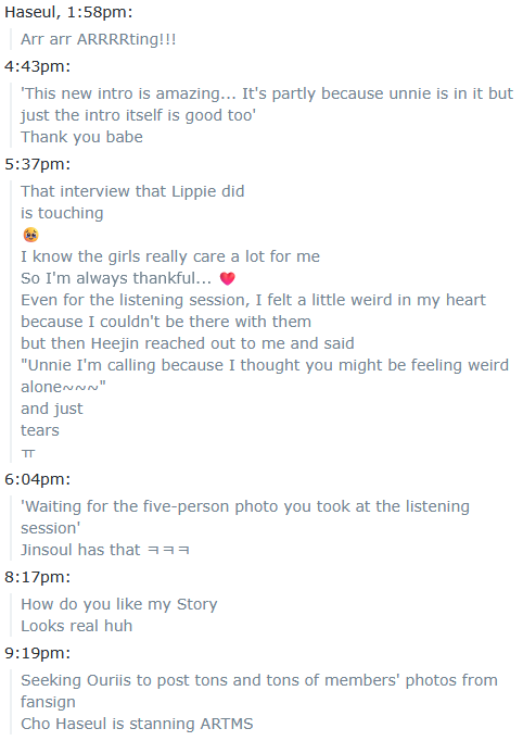 litell_johnn's tweet photo. Chat highlights: Haseul spends the day promoting and watching comeback content (260807)

Text links: https://t.co/c3ma5h1MIb https://t.co/Vx67IQM8eo