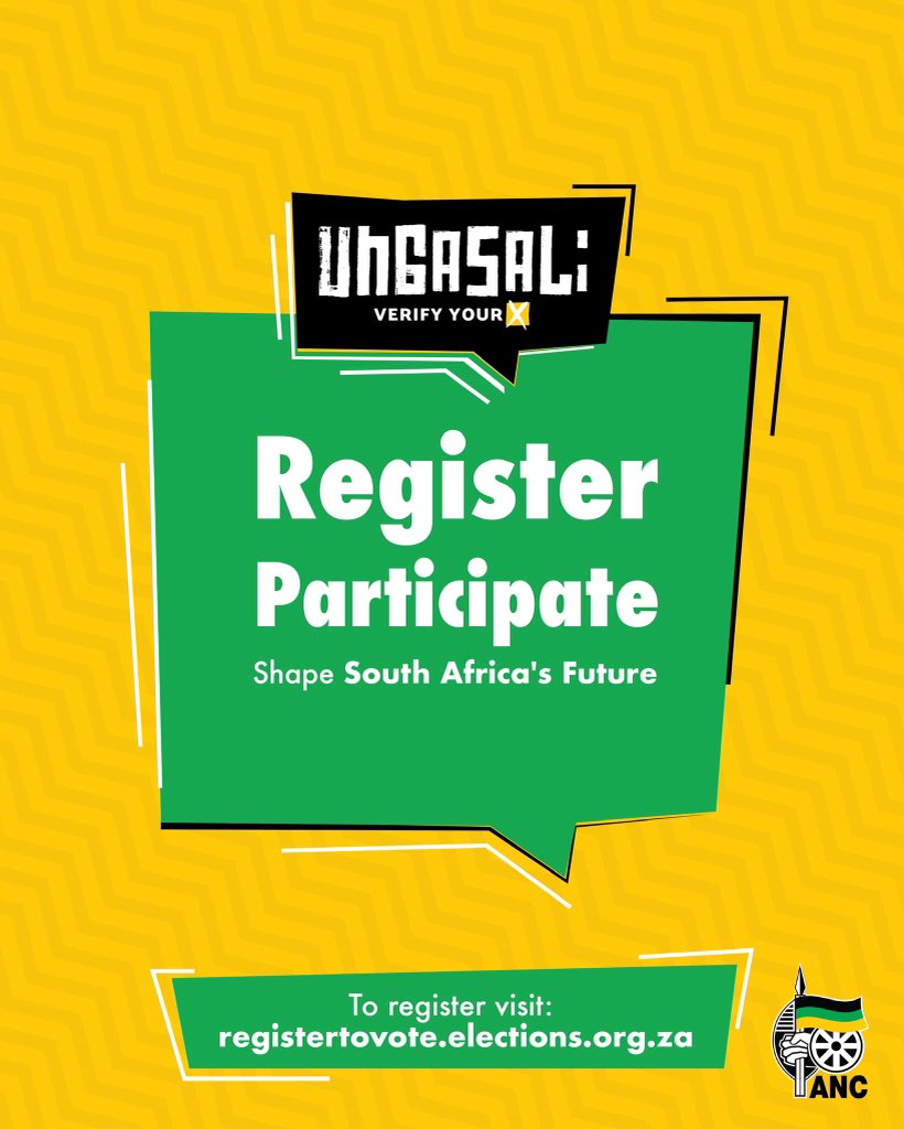 ANCParliament's tweet photo. The voter registration deadline is at midnight. If you're eligible to vote, register before the deadline and ensure your voice is heard.
Register. Participate. Shape South Africa's Future.
Register now: https://t.co/4k7uWg3gKO
#Ungasali
#RegisterToVoteANC
#LGE2026 https://t.co/P0nIOUIt2C