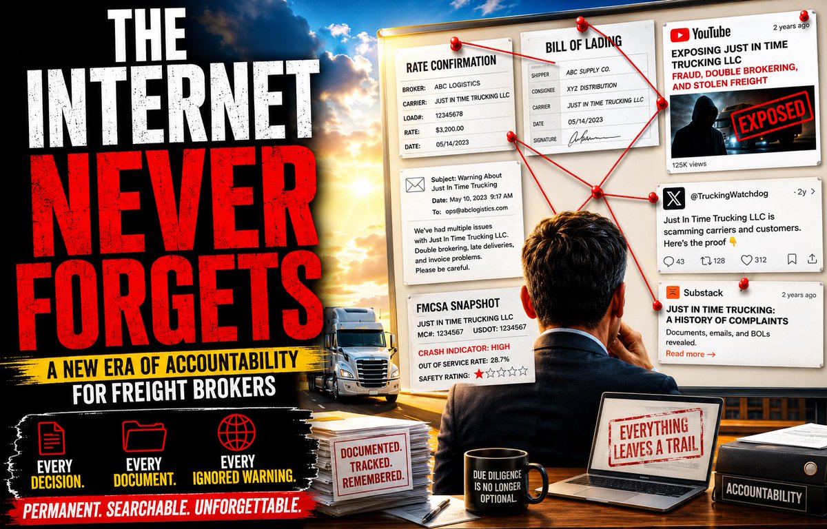 AxelLiveshow's tweet photo. The internet never forgets.

I believe freight brokers have entered a new era of accountability—and the industry is changing.

My latest Substack:
https://t.co/yfIMQoveKP https://t.co/fgmNmqIhGG