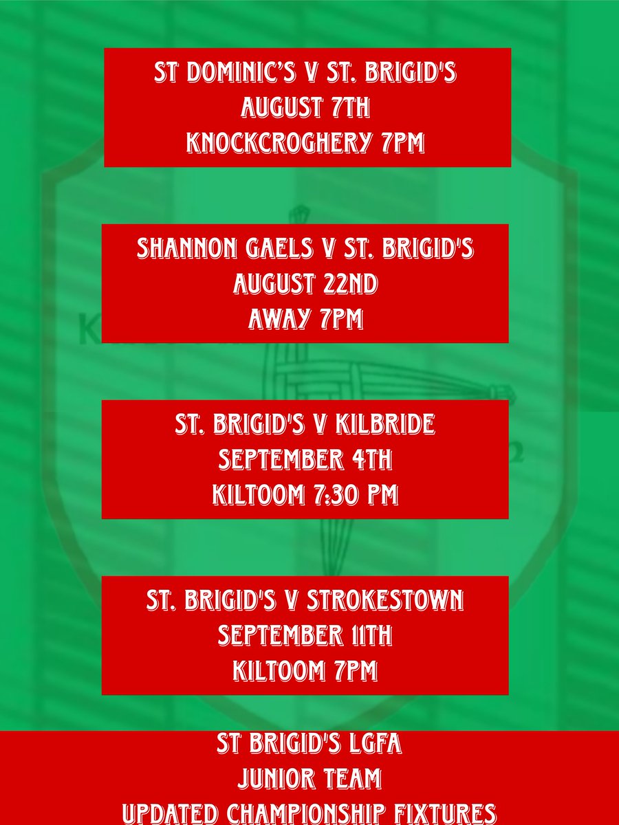 StBrigidsRos's tweet photo. Update to Junior Ladies Championship Fixtures
Get all the latest news on the St Brigids GAA Roscommon app https://t.co/wSuK1B57eT https://t.co/lFrPUNnfxy